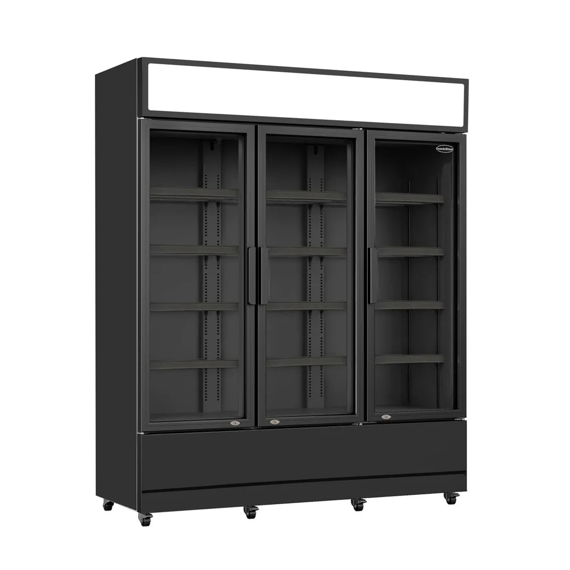 Getränkekühlschrank mit drei Glastüren in Schwarz. Temperaturbereich von +1 bis +10 Grad Celsius. Die Abmessungen sind 1600x610x1973mm (Breite x Tiefe x Höhe). Das Modell ist 7455.2115.