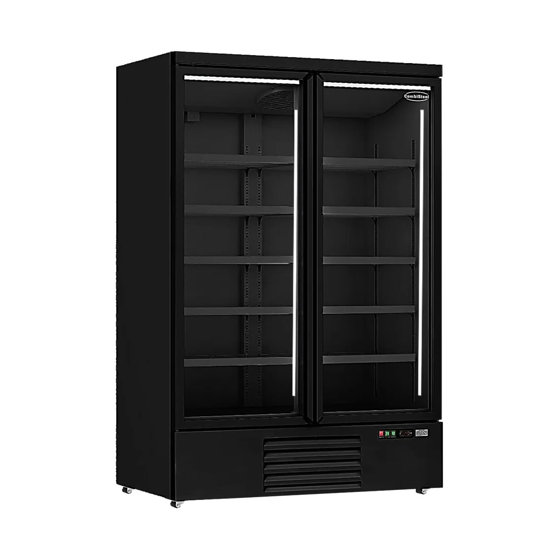 Ein schwarzer Getränkekühlschrank mit zwei Glastüren. Das Modell hat die Maße 1253x710x1997mm und kann Temperaturen zwischen 0°C und +10°C halten. Die Produktnummer ist 7455.2230.
