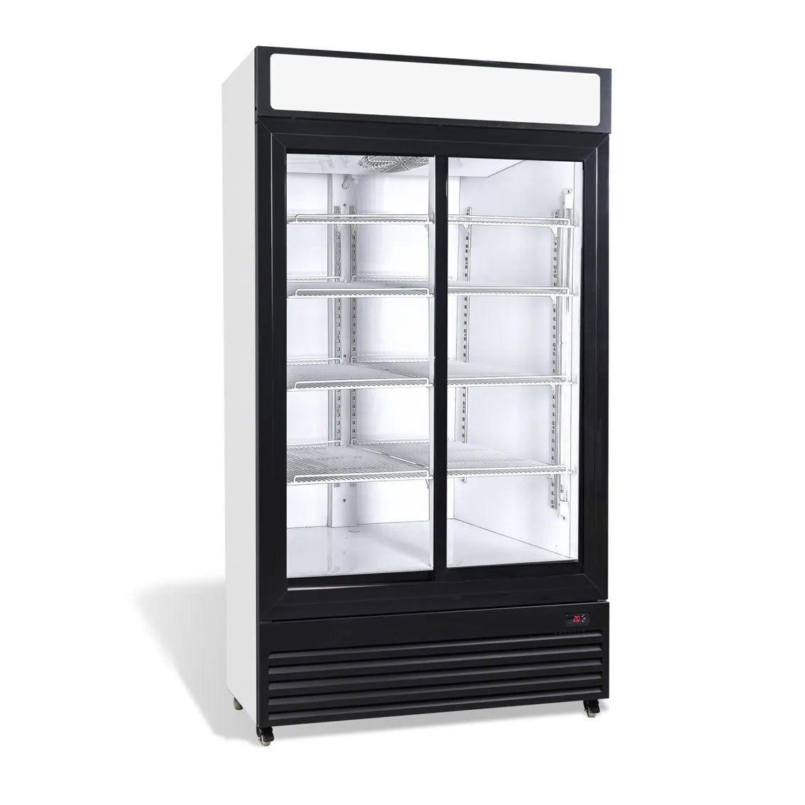 Getränkekühlschrank mit 2 Schiebetüren, Maße 1120x610x1965 mm, Farbe Grau und Schwarz.