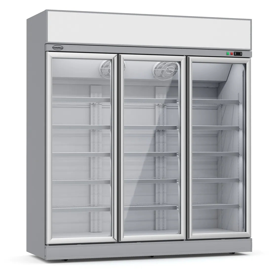 Getränkekühlschrank mit 3 Glastüren, Temperaturbereich 0 bis 10 Grad Celsius, Maße 1880x710x2092 mm, Farbe Silber.