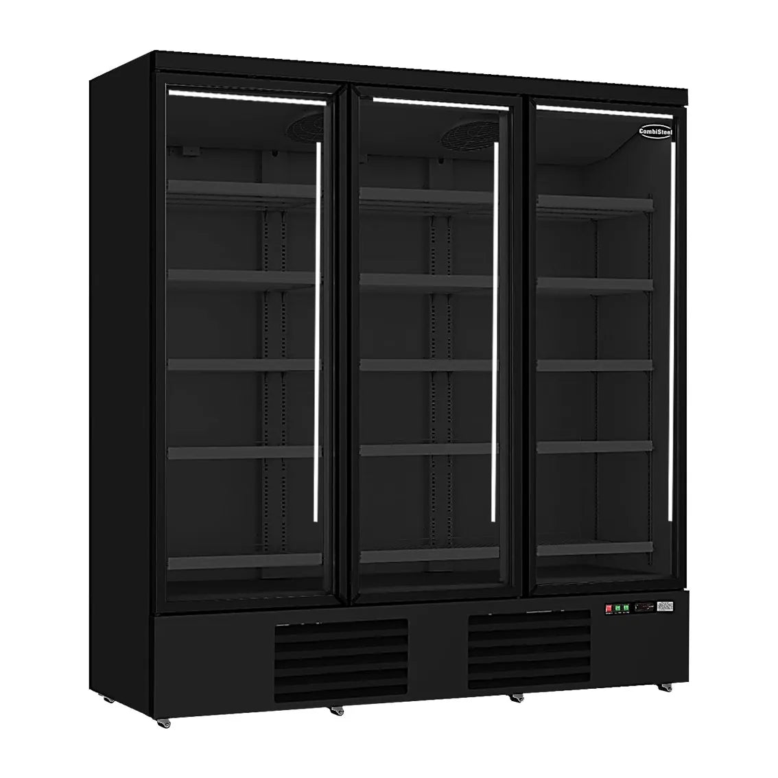 Ein schwarzer Getränkekühlschrank mit drei Glastüren, Temperaturen von 0 bis +10°C, 1880x710x1997mm. Innen sind mehrere leere, verstellbare Regalböden sichtbar.