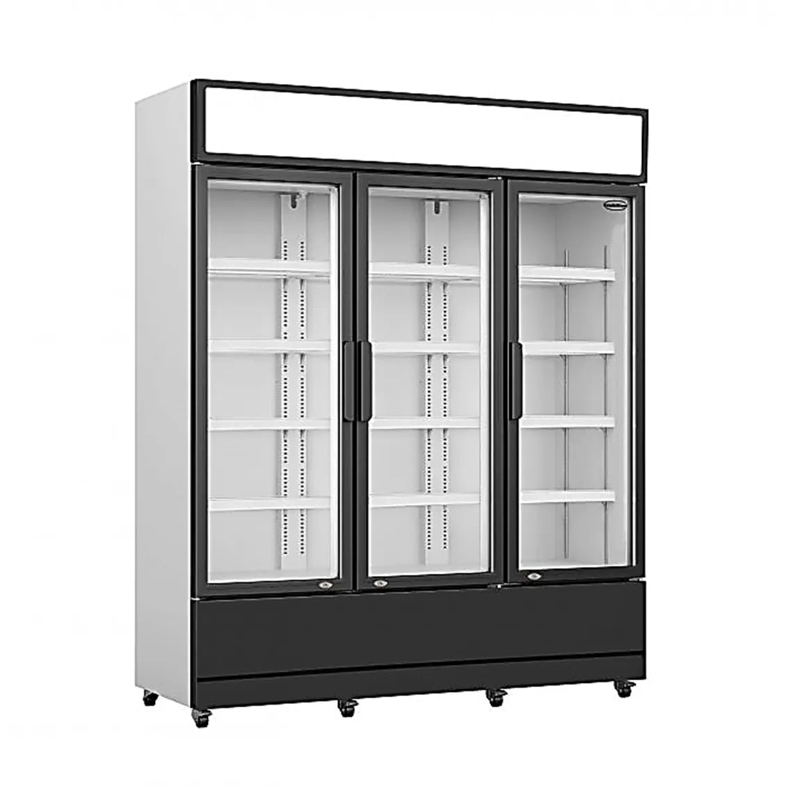 Getränkekühlschrank mit 3 Glastüren, Temperaturbereich 1 bis 10 Grad Celsius, Maße 1600x610x1973 mm, Farbe Grau und Schwarz.
