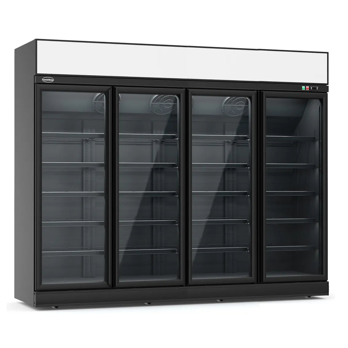 Ein schwarzer Getränkekühlschrank mit vier Glastüren. Das Modell hat die Maße 2508x710x2092mm und kann Temperaturen zwischen 0°C und +10°C halten. Die Produktnummer ist 7455.2417.