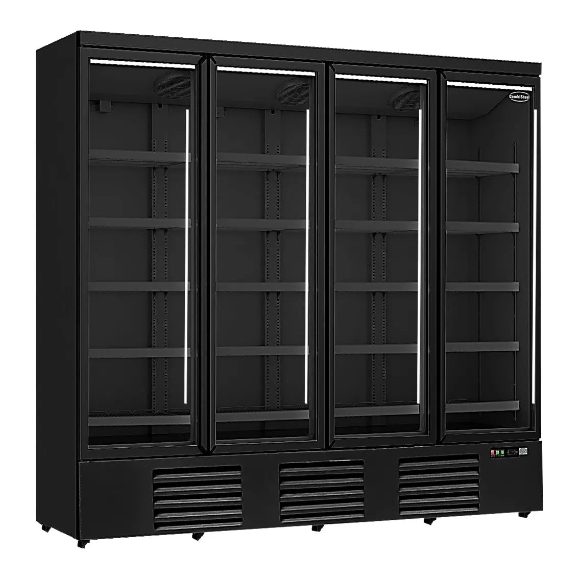 Ein schwarzer Getränkekühlschrank mit vier Glastüren. Das Modell hat die Maße 2508x710x1997mm und kann Temperaturen zwischen 0°C und +10°C halten. Die Produktnummer ist 7455.2240.