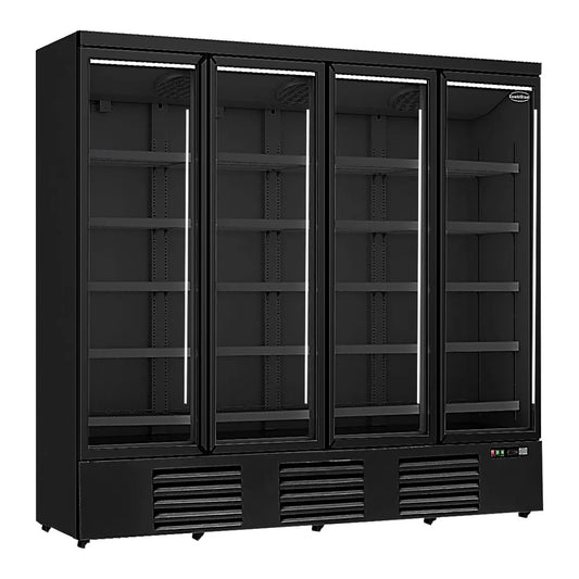 Ein schwarzer Getränkekühlschrank mit vier Glastüren. Das Modell hat die Maße 2508x710x1997mm und kann Temperaturen zwischen 0°C und +10°C halten. Die Produktnummer ist 7455.2240.