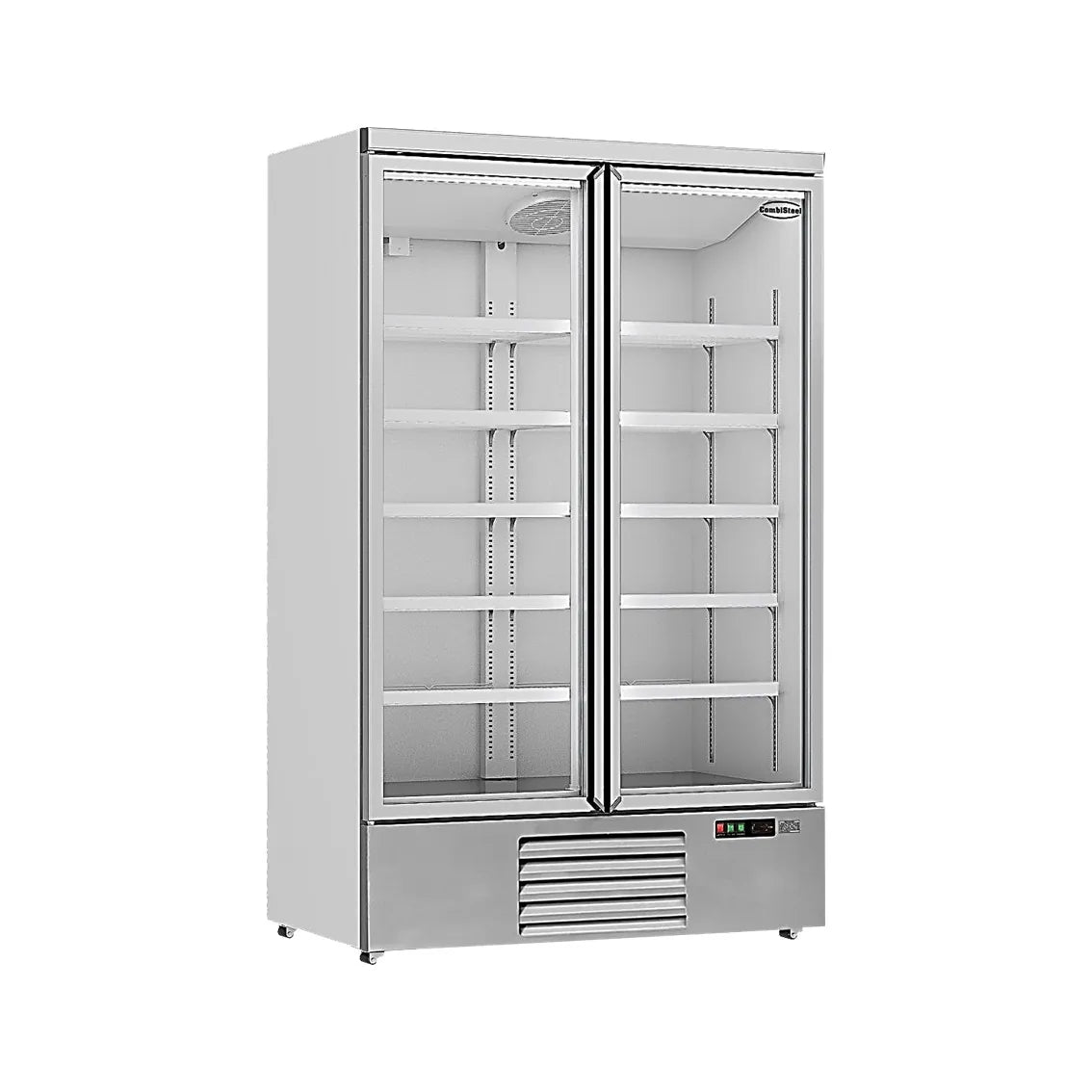 Ein silberner Getränkekühlschrank mit zwei Glastüren. Das Modell hat die Maße 1253x710x1997mm und kann Temperaturen zwischen 0°C und +10°C halten. Die Produktnummer ist 7455.2220.
