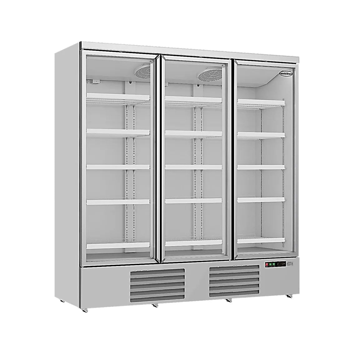 Ein silberner Getränkekühlschrank mit drei Glastüren, Temperaturen von 0 bis +10°C, 1880x710x1997mm. Innen sind mehrere leere, verstellbare Regalböden sichtbar.