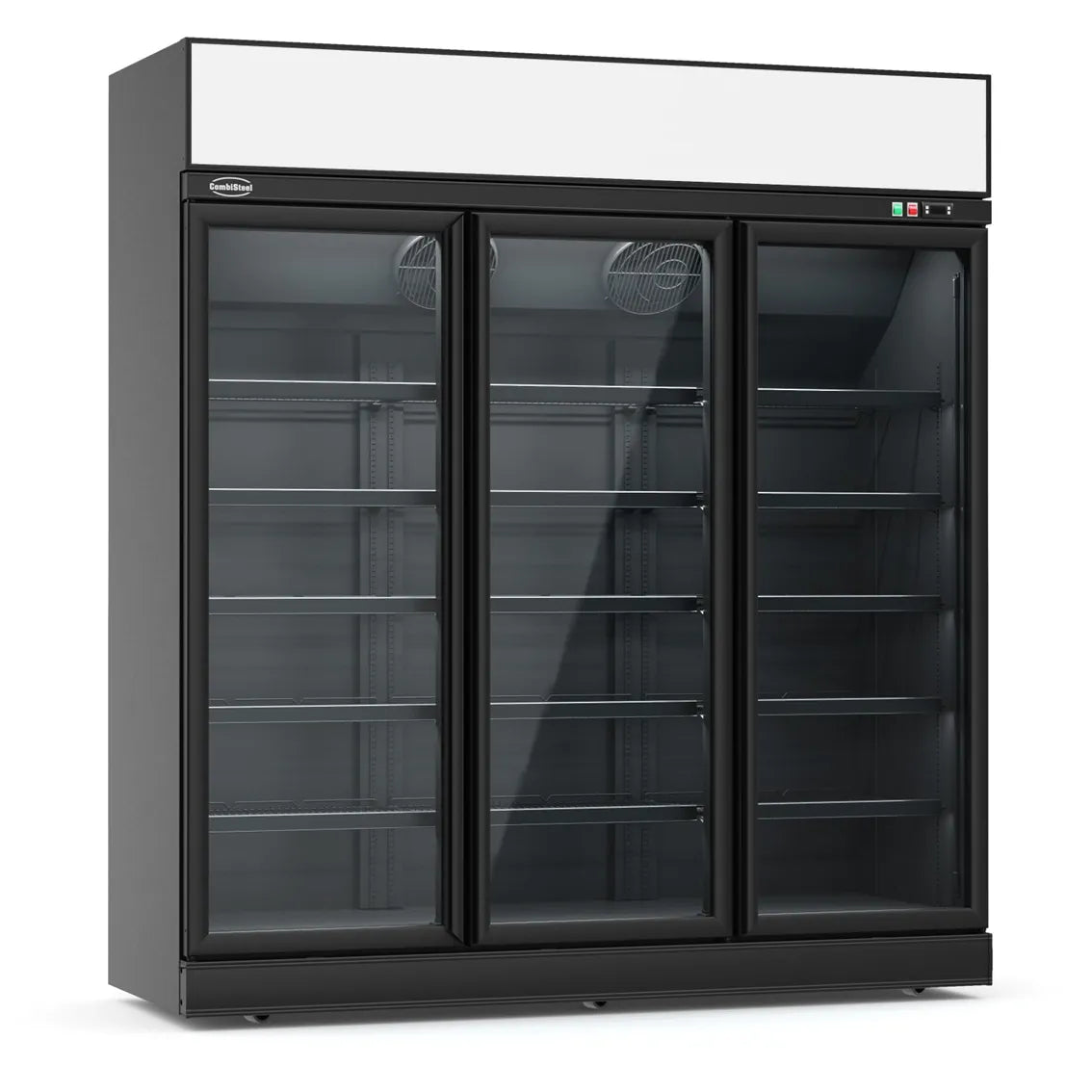 Ein schwarzer Supermarkt Wandkühlregal mit drei Glastüren. Das Modell hat die Maße 1880x710x2092mm und kann Temperaturen zwischen 0°C und +10°C halten. Die Produktnummer ist 7455.2415.