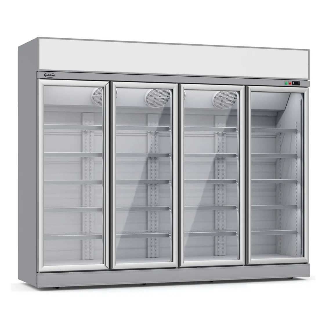 Ein silberner Getränkekühlschrank mit vier Glastüren. Das Modell hat die Maße 2508x710x2092mm und kann Temperaturen zwischen 0°C und +10°C halten. Die Produktnummer ist 7455.2416.