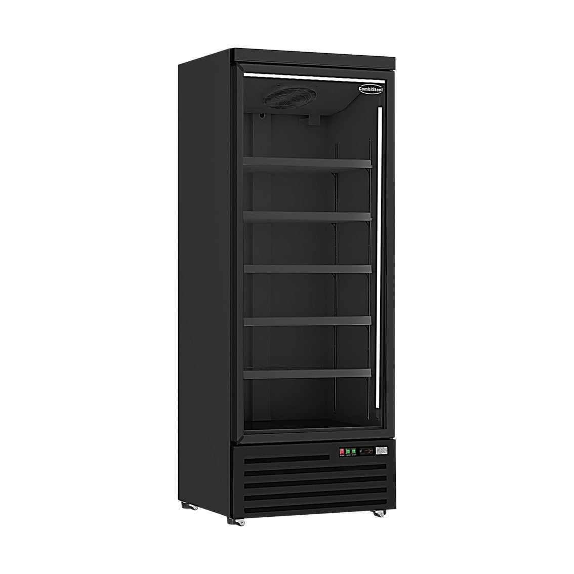 schwarzer Tiefkühlregal mit einer glastür