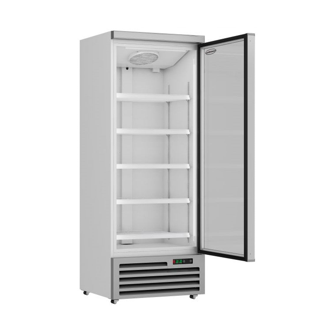 silberner Tiefkühlregal mit einer glastür