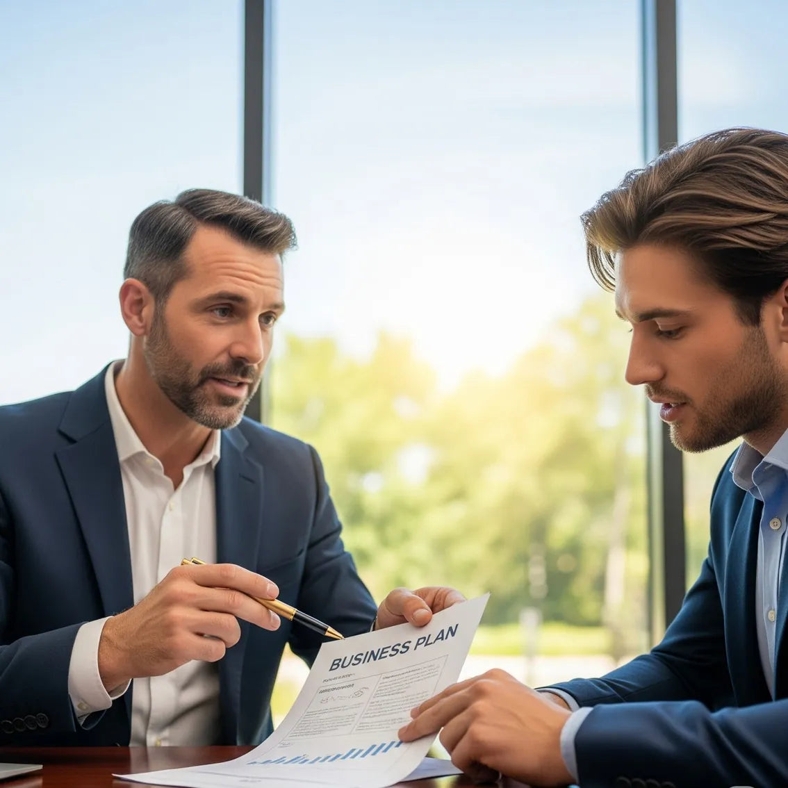 Zwei Männer sitzen an einem Schreibtisch; ein Unternehmensberater erklärt einem Klienten einen Businessplan mit einem goldenen Stift. Im Hintergrund ist sonniges Wetter.