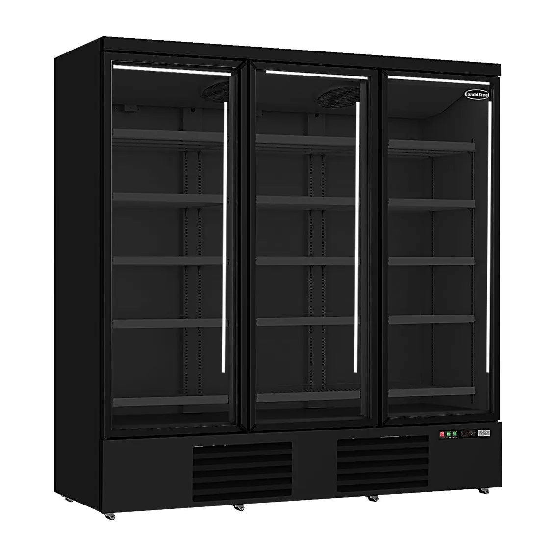 Profi-Kühlregal (B188xT71xH200cm) in Schwarz mit drei Glastüren und 1530L Fassungsvermögen