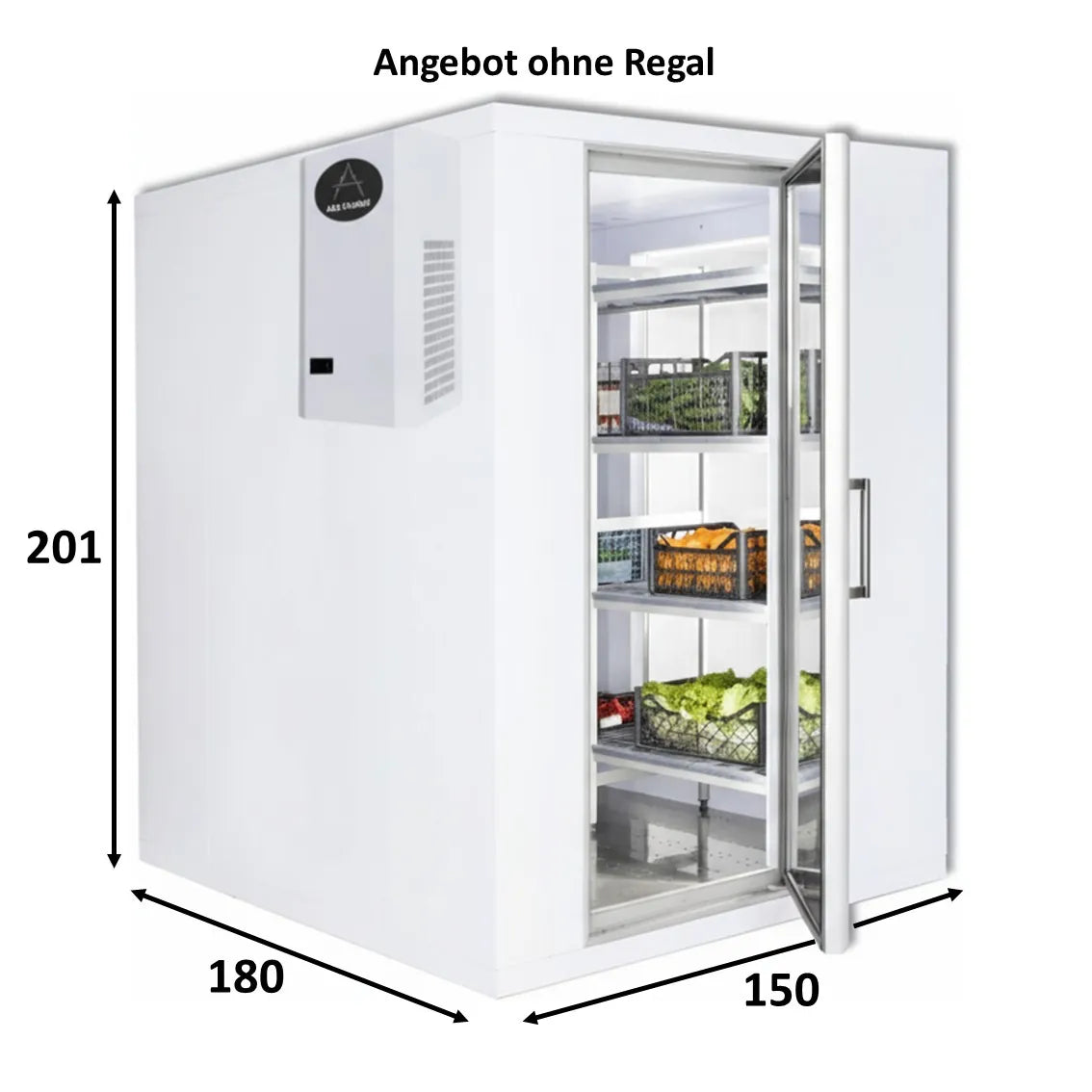 Kompakte Kühlzelle 150x180x201cm mit Aggregat, geeignet für Gastronomie und kleine Märkte, Komplettpaket mit Montage und Lieferung.