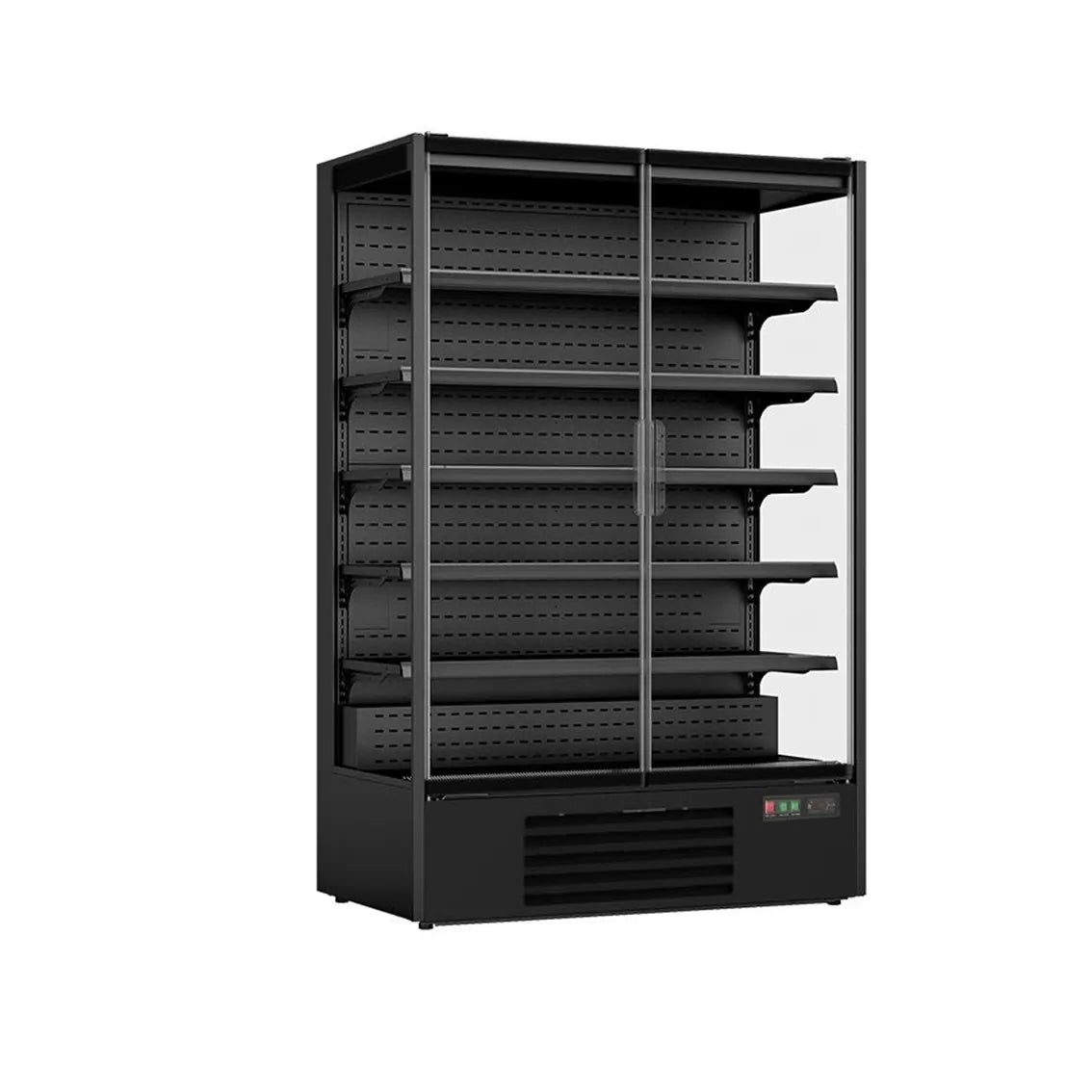 Ein schwarzer Supermarkt Wandkühlregal mit zwei Glastüren. Das Modell hat die Maße 1310x740x2010mm und kann Temperaturen zwischen +2 und +8 Grad halten. Die Produktnummer ist 7455.3100.