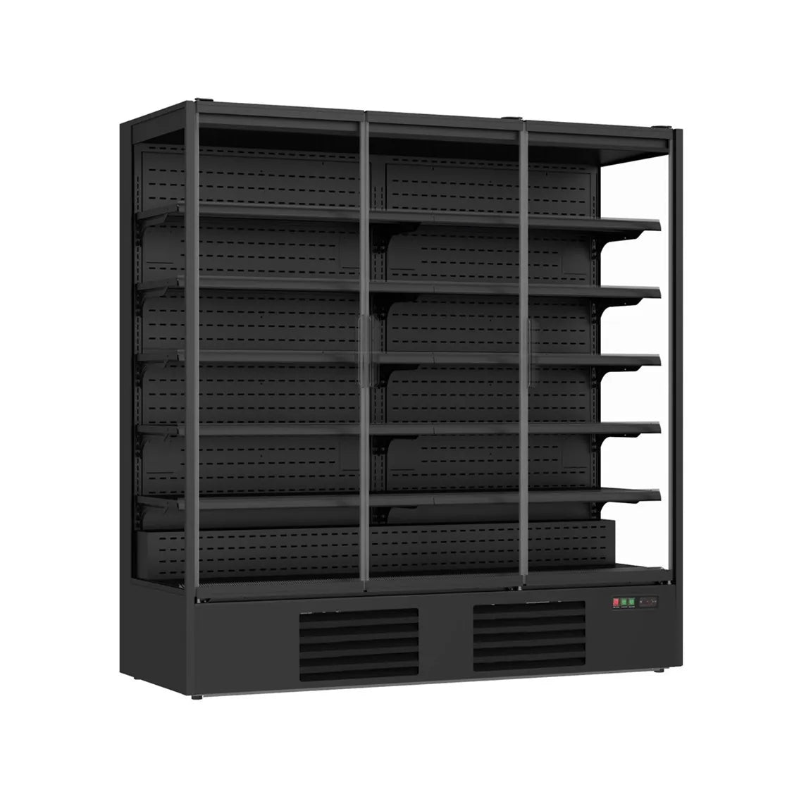Ein schwarzer Supermarkt Wandkühlregal mit drei Glastüren. Das Modell hat die Maße 1935x740x2010mm und kann Temperaturen zwischen +2 und +8 Grad halten. Die Produktnummer ist 7455.3105.