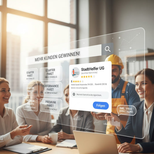 Eine Gruppe von Fachleuten, darunter Handwerker, Ärzte, Anwälte, Therapeuten und Einzelhändler, bespricht in einem Büro die Online-Sichtbarkeit. Sie betrachten ein holografisches Google-Unternehmensprofil mit Wachstumsgrafiken und diskutieren Pakete zur Steigerung der Neukundengewinnung.