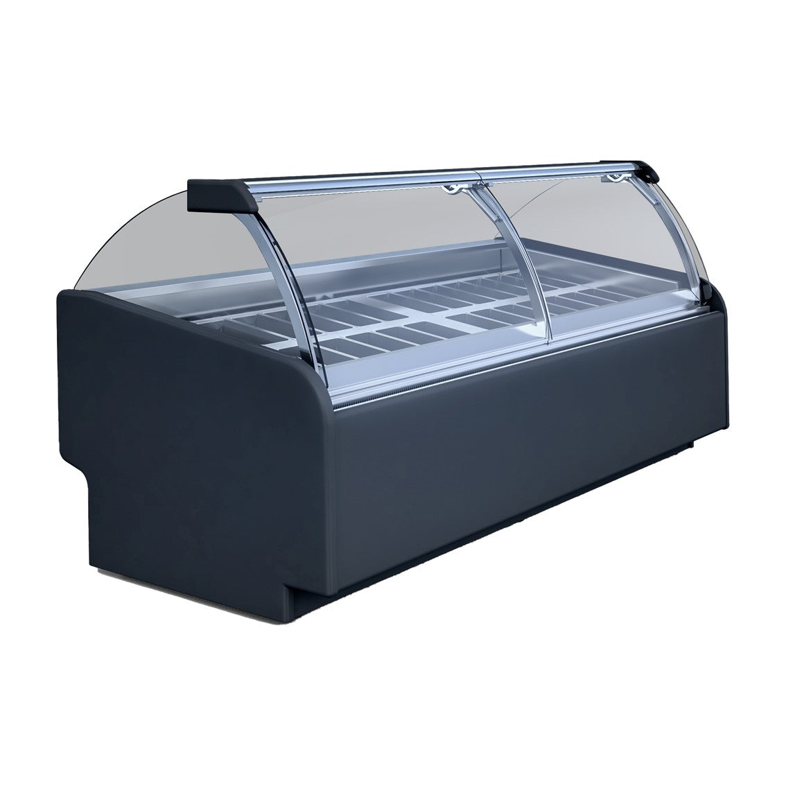 Moderne Eistheke, schwarze Eisvitrine mit gebogener Glasabdeckung und sichtbaren Eisbehälterfächern.