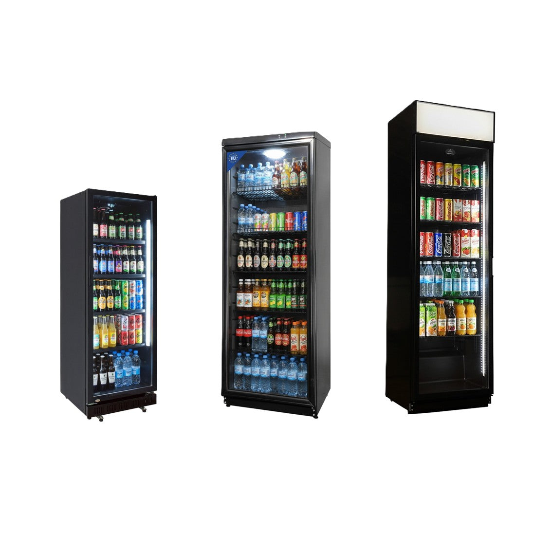 drei mit getränken befüllte glaskühlschränke in modern schwarz für kiosk, supermarkt und gastronomie