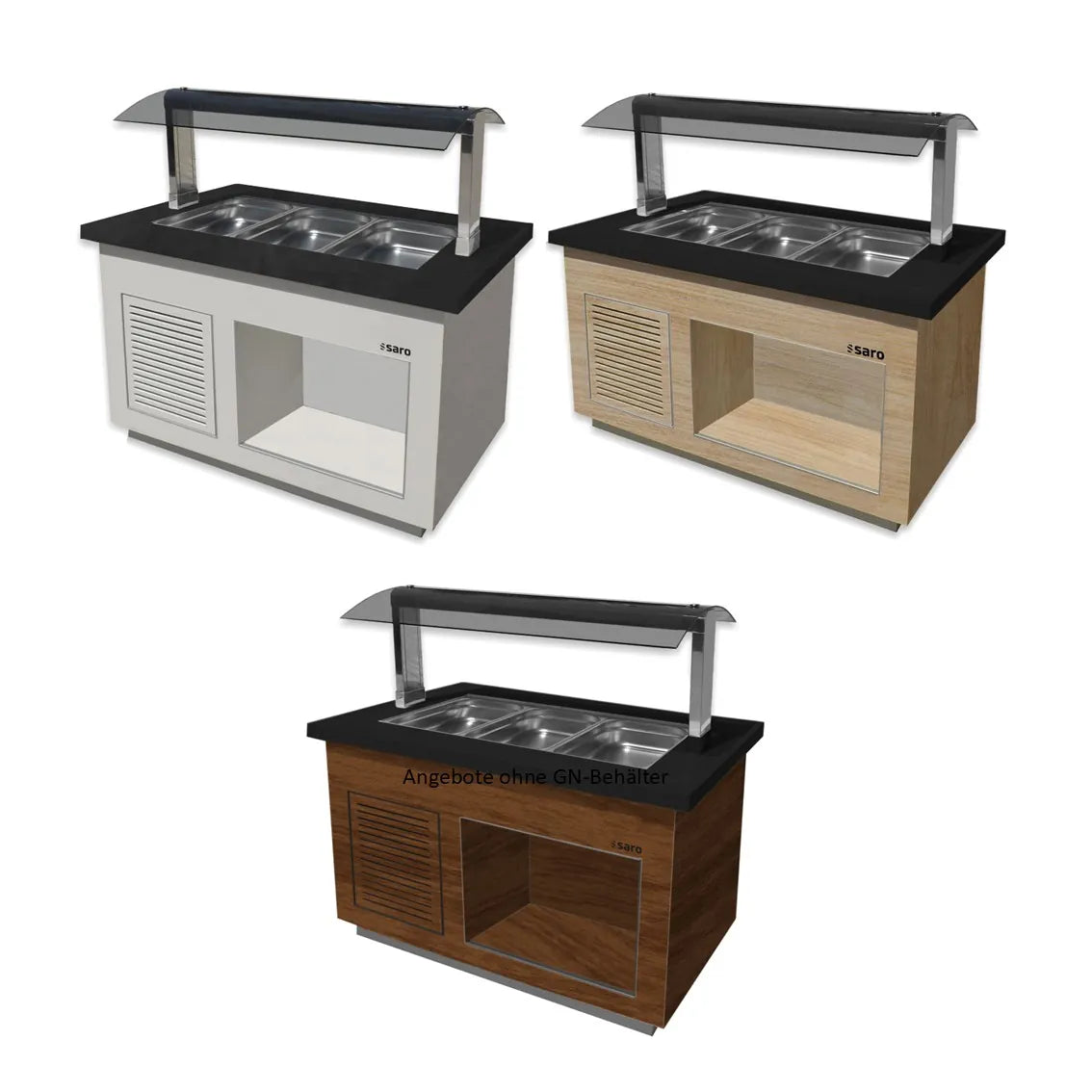 Salatbuffet in Hochglanzweiß, Braun und Eiche, PREMIUM LINE, mit Kapazität für 3x 1/1 GN-Behälter und schwarzer Granitplatte.