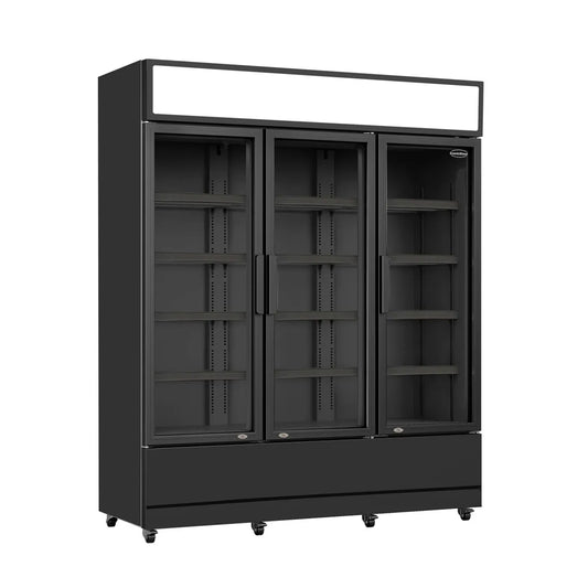 Getränkekühlschrank mit drei Glastüren in Schwarz. Temperaturbereich von +1 bis +10 Grad Celsius. Die Abmessungen sind 1600x610x1973mm (Breite x Tiefe x Höhe). Das Modell ist 7455.2115.