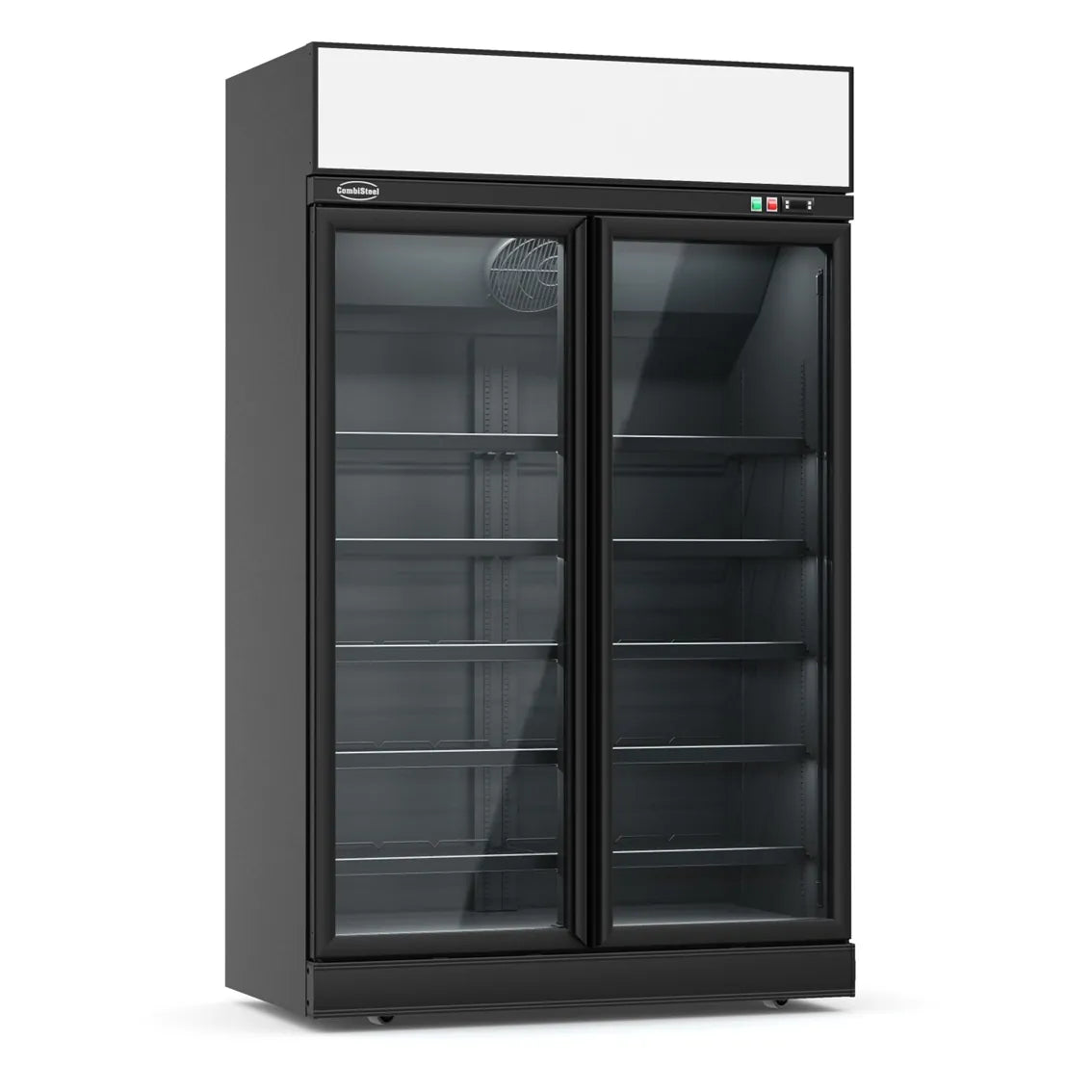 Getränkekühlschrank mit 2 Glastüren, Temperaturbereich 0 bis 10 Grad Celsius, Maße 1253x710x2092 mm, Farbe Schwarz.
