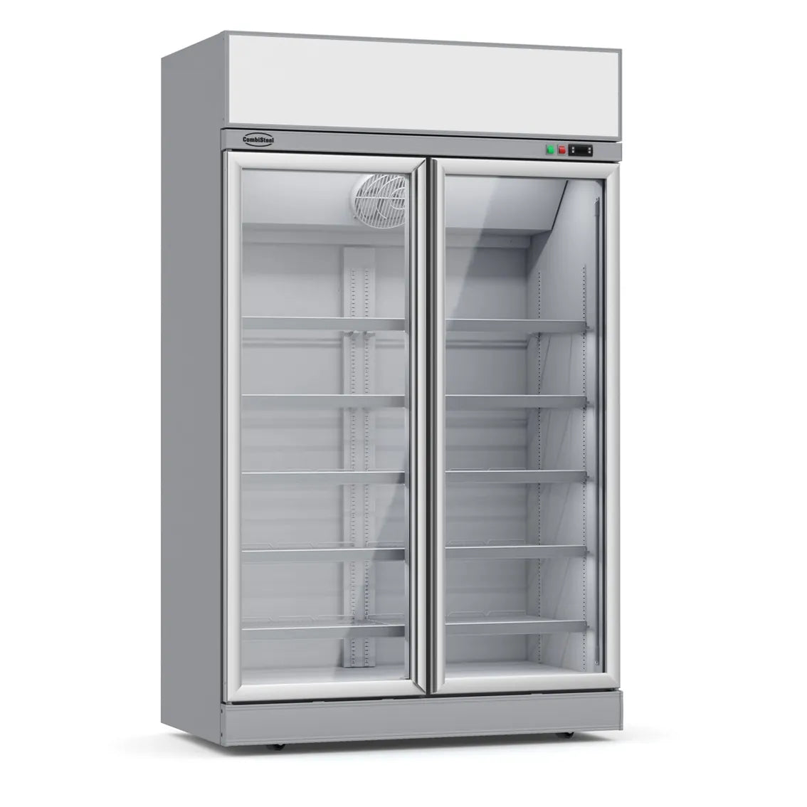 Getränkekühlschrank mit 2 Glastüren, Temperaturbereich 0 bis 10 Grad Celsius, Maße 1253x710x2092 mm, Farbe Silber.