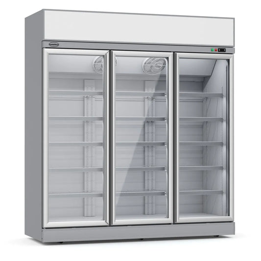 Getränkekühlschrank mit 3 Glastüren, Temperaturbereich 0 bis 10 Grad Celsius, Maße 1880x710x2092 mm, Farbe Silber.
