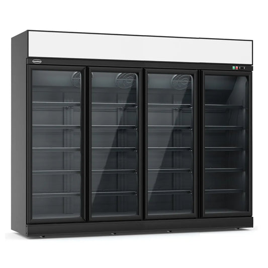 Ein schwarzer Getränkekühlschrank mit vier Glastüren. Das Modell hat die Maße 2508x710x2092mm und kann Temperaturen zwischen 0°C und +10°C halten. Die Produktnummer ist 7455.2417.
