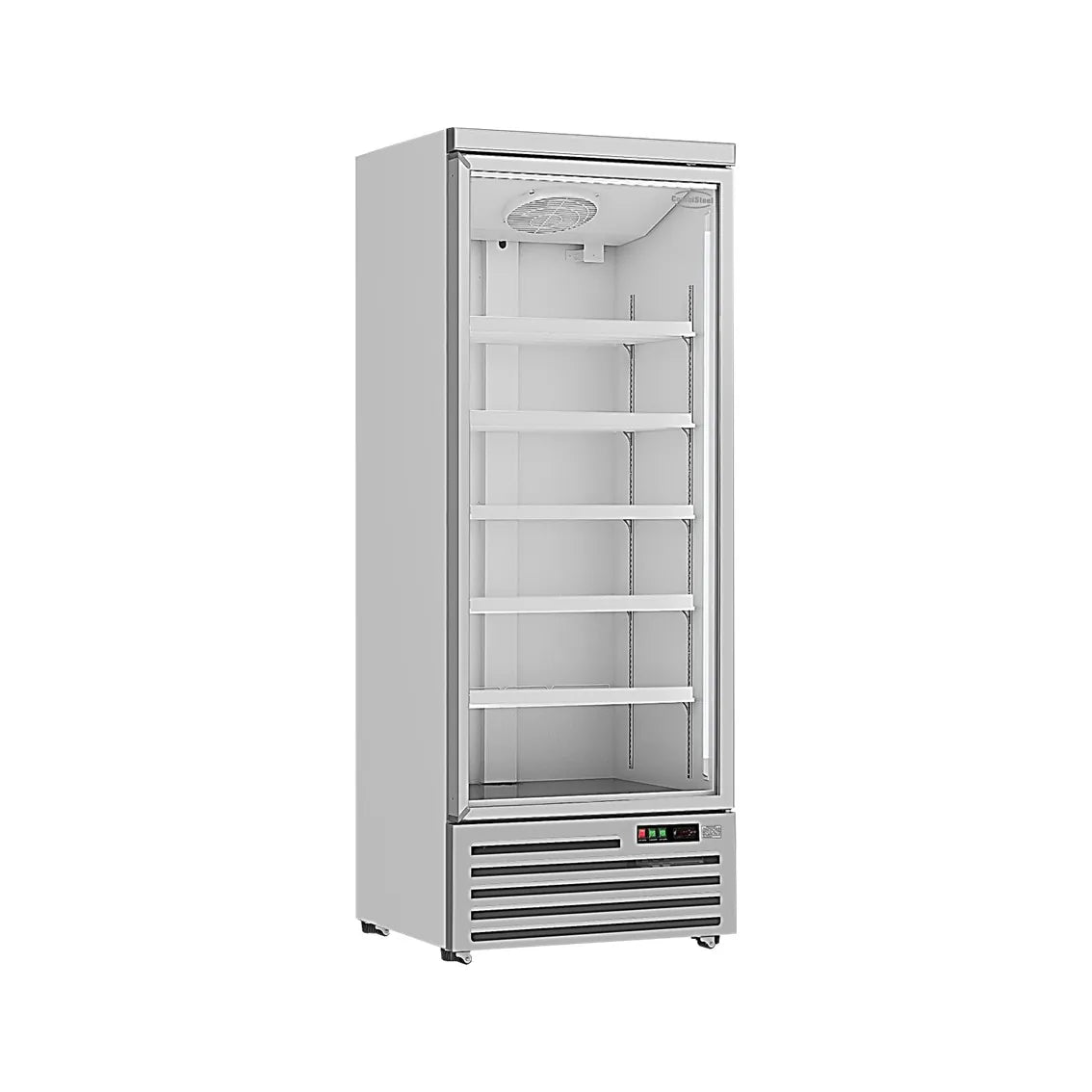 Ein silberner Getränkekühlschrank mit einer Glastür. Das Modell hat die Maße 750x710x1997mm und kann Temperaturen zwischen 0°C und +10°C halten. Die Produktnummer ist 7455.2212.
