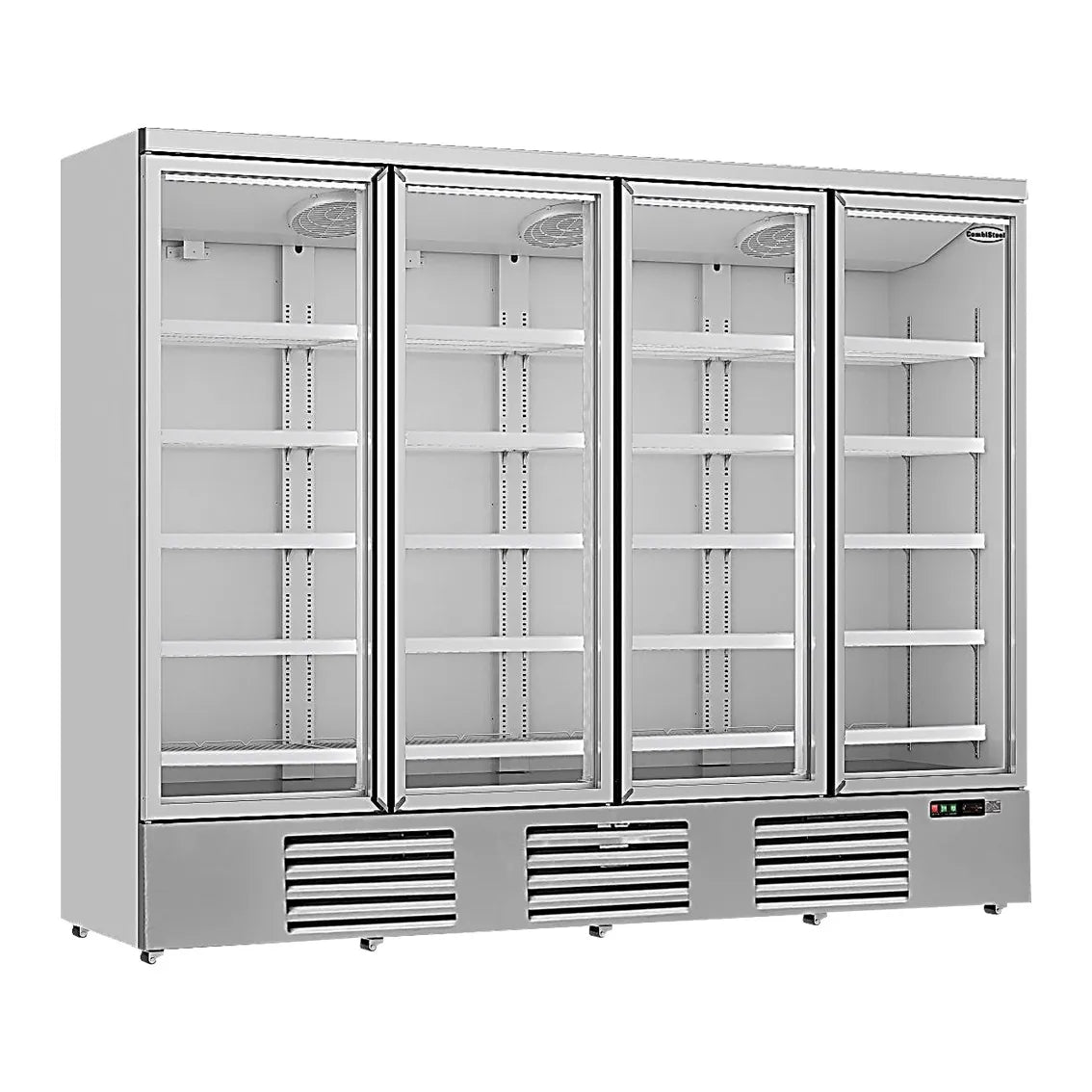 Ein silberner Getränkekühlschrank mit vier Glastüren. Das Modell hat die Maße 2508x710x1997mm und kann Temperaturen zwischen 0°C und +10°C halten. Die Produktnummer ist 7455.2210.