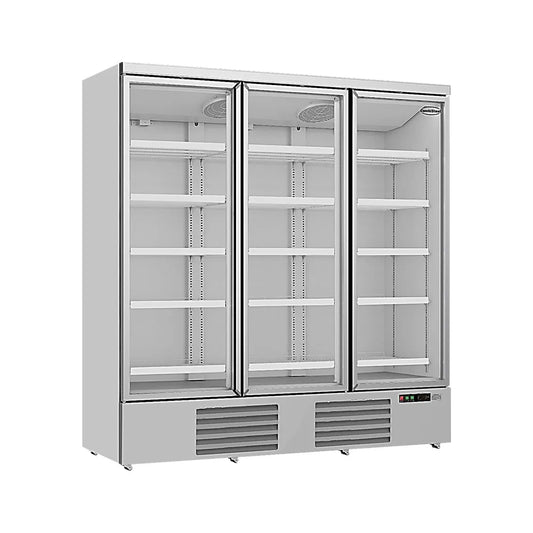 silberner tiefkühlschrank mit drei glastüren