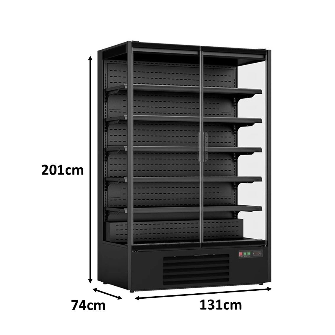 Kühlregal, unter 1,50 m, mit 2 Glastüren, in Schwarz für den Supermarkt.