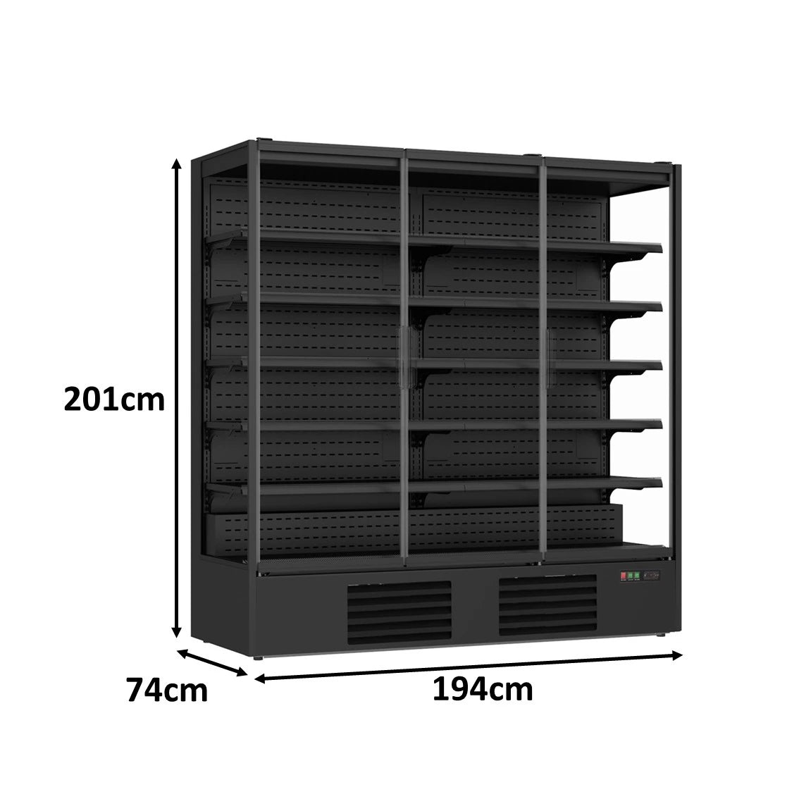 Kühlregal, unter 2 m, mit 3 Glastüren, in Schwarz für den Supermarkt.
