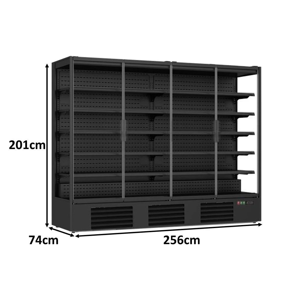 Kühlregal, 2,56 m, mit 4 Glastüren, in Schwarz für den Supermarkt.