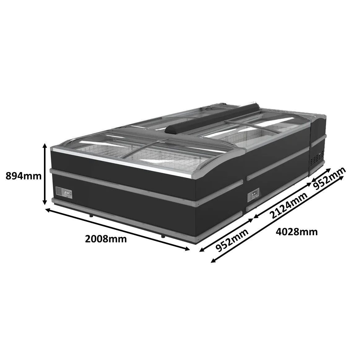Große, schwarze, modulare Tiefkühltruhen Inselaufstellung (4-teilig) mit zwei Haupttruhen und zwei Kopfteilen an beiden Enden.