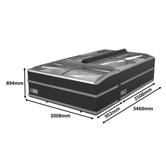 Schwarzes Tiefkühltruhen Insel-Set (3-teilig), bestehend aus zwei 2508 mm Truhen und einem 2008 mm Kopfteil, ideal für Supermärkte.
