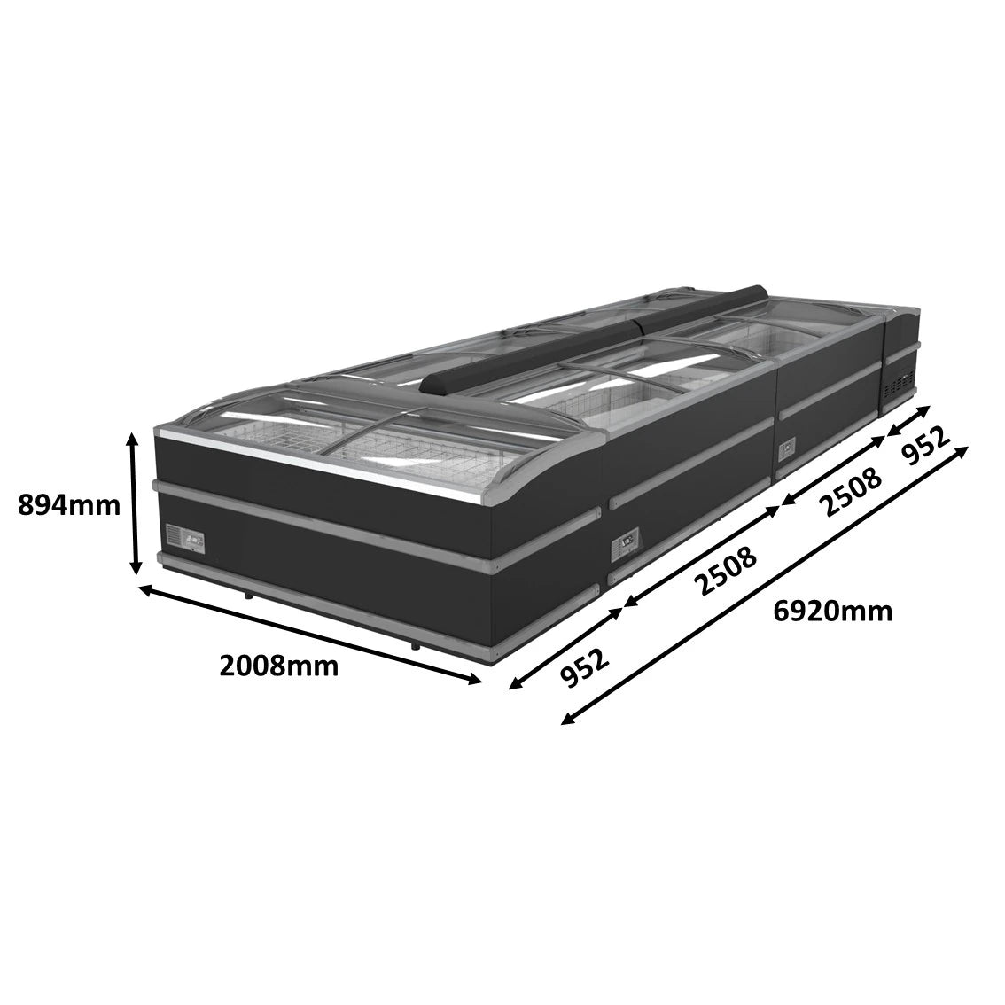 Große, schwarze, modulare Tiefkühltruhen Inselaufstellung (6-teilig) mit vier Haupttruhen und zwei Kopfteilen an beiden Enden, Gesamtlänge: 6920 mm.