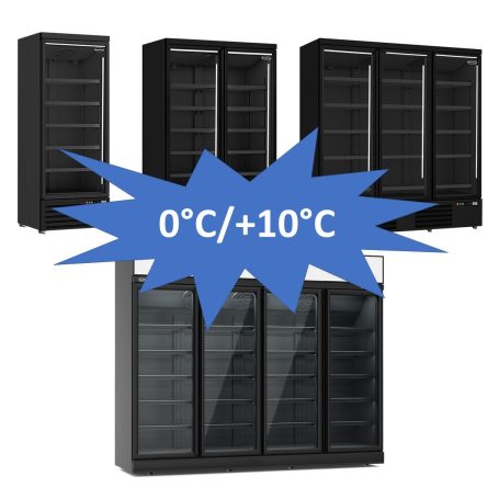 Kühlregale mit Glastüren und LED-Beleuchtung für Kiosk, Supermarkt und Gastronomie. Temperaturbereich 0°C bis +10°C.