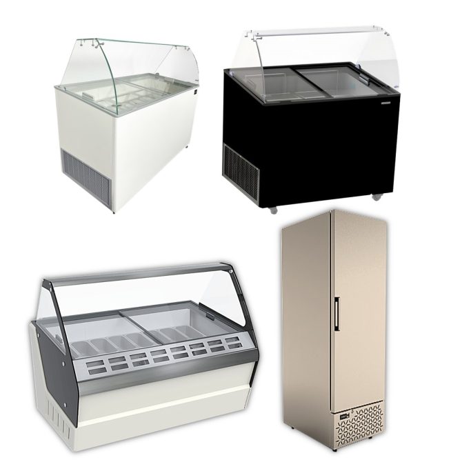 Moderne Eisvitrinen in Schwarz und Weiß, eine breite Eistheke für 16 Schalen und ein effizienter Eis-Tiefkühlschrank für die Gastronomie.