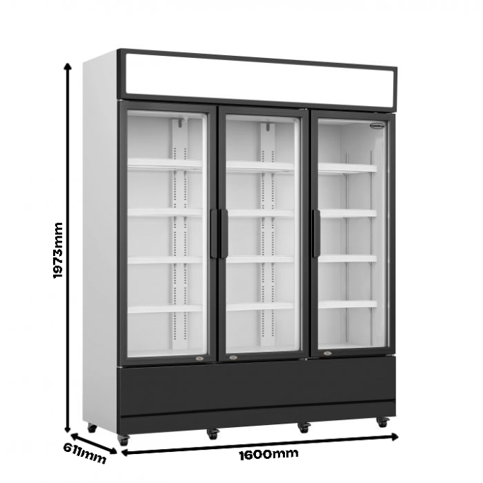 Glastür-Getränkekühlschrank (3 Türen) mit Werbefläche und Rollen. Maße: 1973x1600x611 mm.
