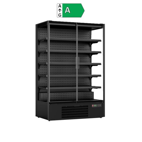 Schwarzes Kühlregal mit 2 Glastüren für Supermarkt oder Kiosk, 1292 Liter Volumen, Energieeffizienzklasse A, inklusive 5 Metallregalen.