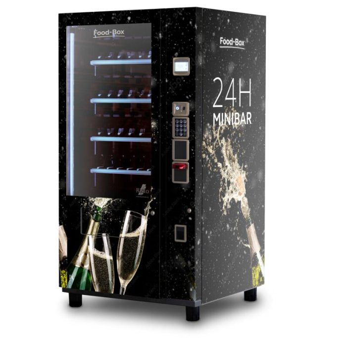 Moderner Verkaufsautomat mit Fächern für Eier, Obst, Gemüse, Getränke und Snacks. 24h-Frische-Service im edlen Design.