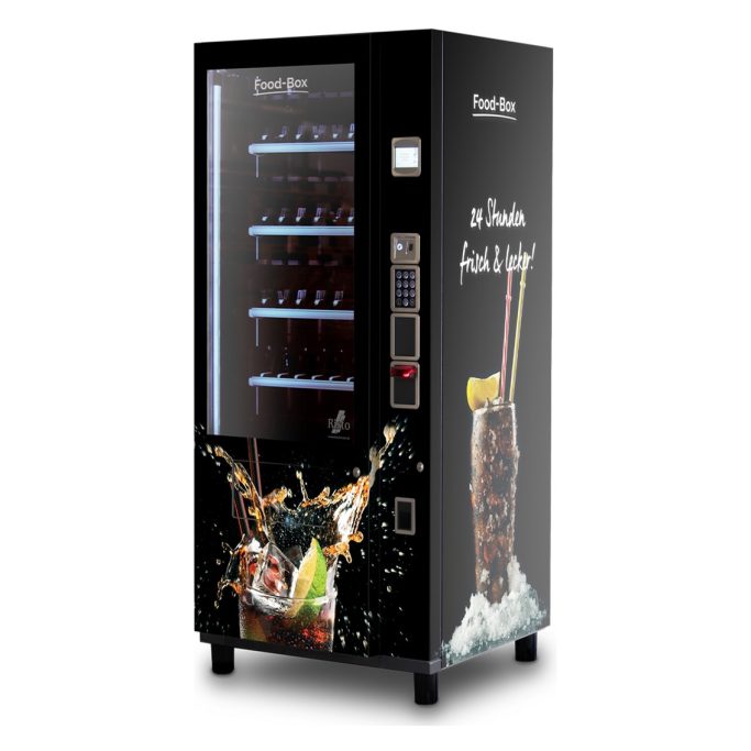 Moderner Verkaufsautomat mit Fächern für Eier, Obst, Gemüse, Getränke und Snacks. 24h-Frische-Service im edlen Design.