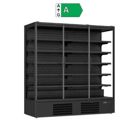 Schwarzes Kühlregal mit 3 Glastüren für Supermarkt oder Kiosk, 1939 Liter Volumen, Energieeffizienzklasse A, inklusive 5 Metallregalen.