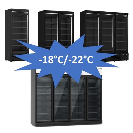 4 unterschiedliche Tiefkühlregale in modern Schwarz für Supermarkt, Tankstelle, Kiosk