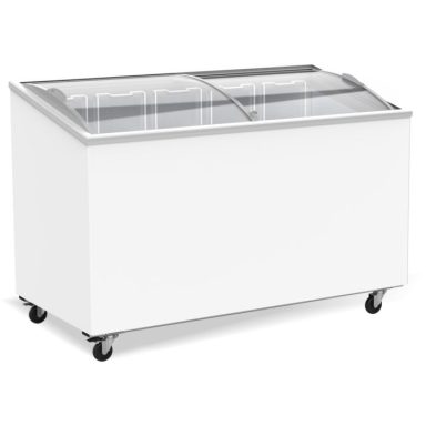 Eistruhe mit Glasschiebescheiben in Weiß auf Rollen für die Gastronomie, Lebensmittelladen und Tankstellen.